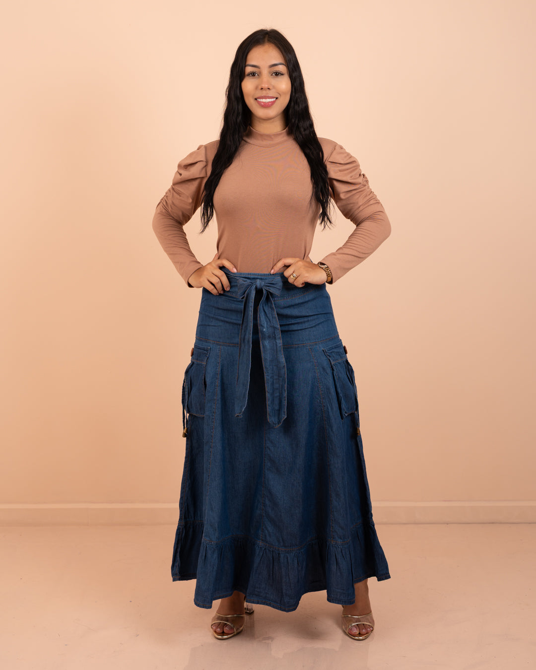 Falda larga camuflada con cinturón ref. 3911 en tono medio, ropa cristiana femenina