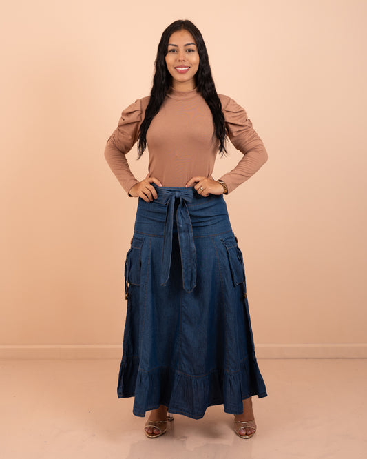 Falda larga camuflada con cinturón ref. 3911 en tono medio, ropa cristiana femenina