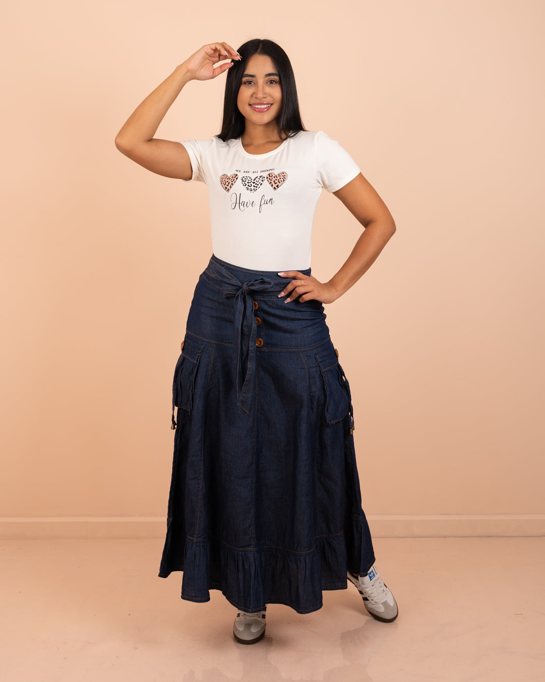 Falda larga camuflada con cinturón ref. 3911 en tono oscuro, moda cristiana para la iglesia