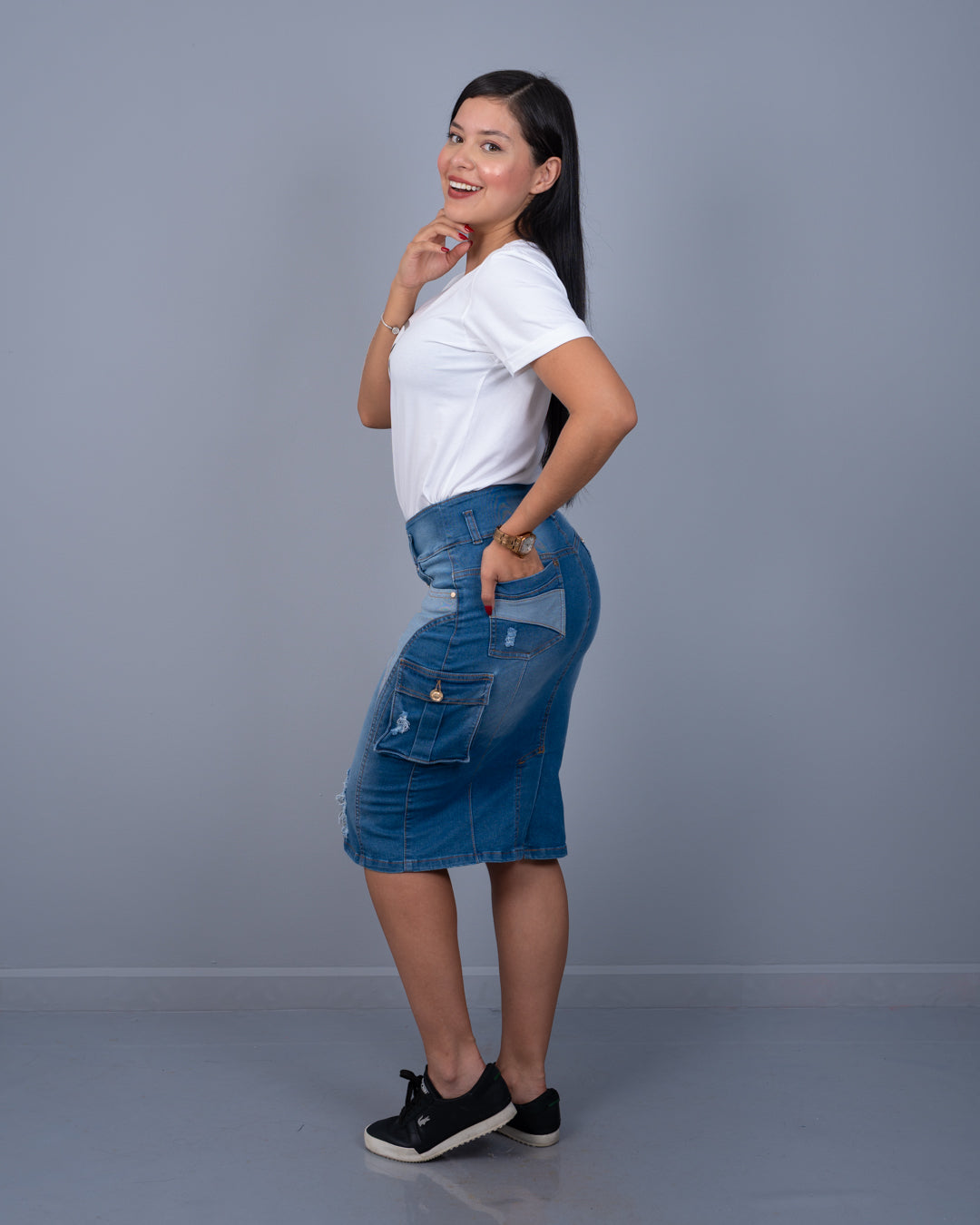 Falda Jean 3/4 Cargo Corte a los Lados ref. 3963 en medio, ropa cristiana femenina