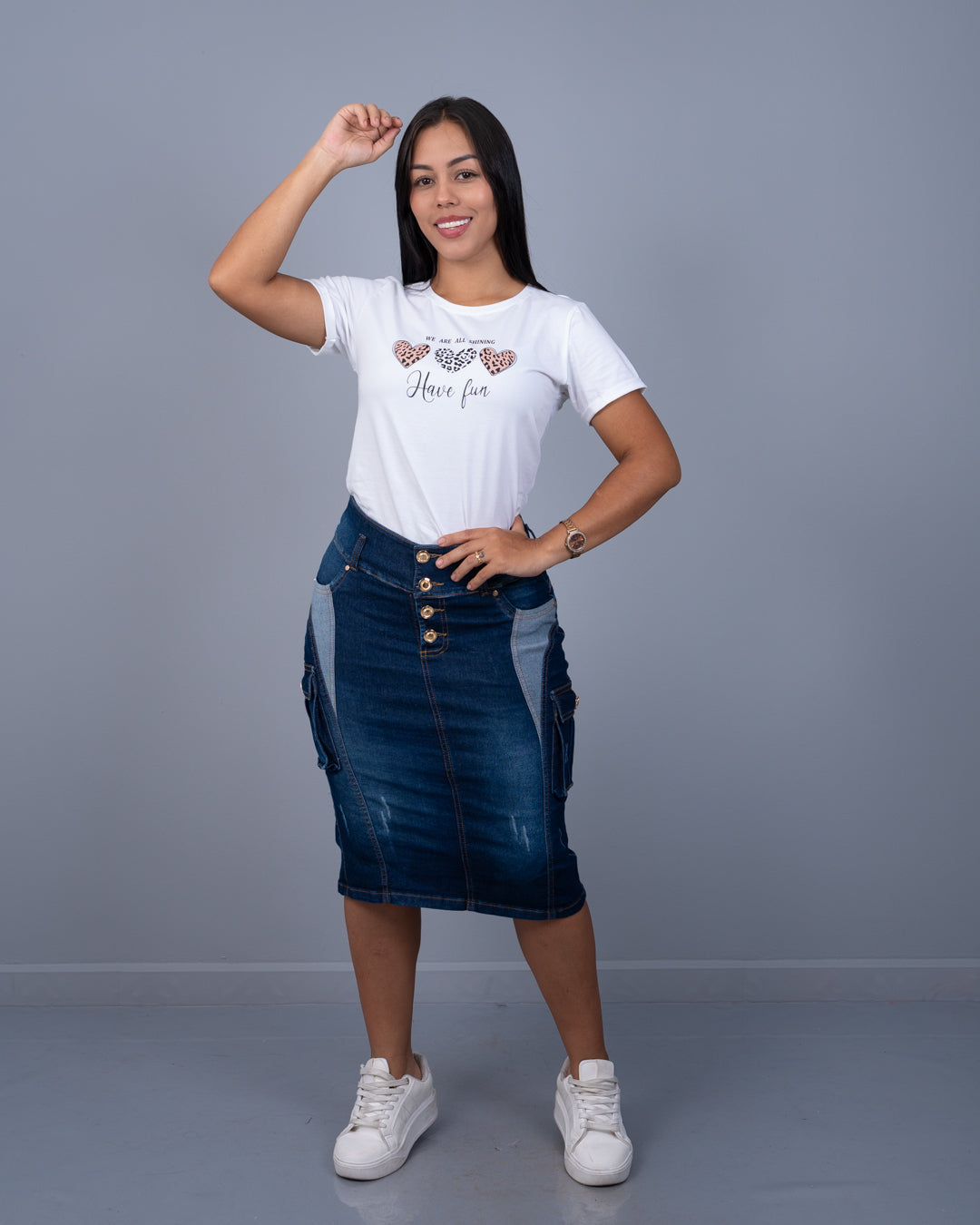 Falda Jean 3/4 Cargo Corte a los Lados ref. 3963 en oscuro, ropa cristiana femenina