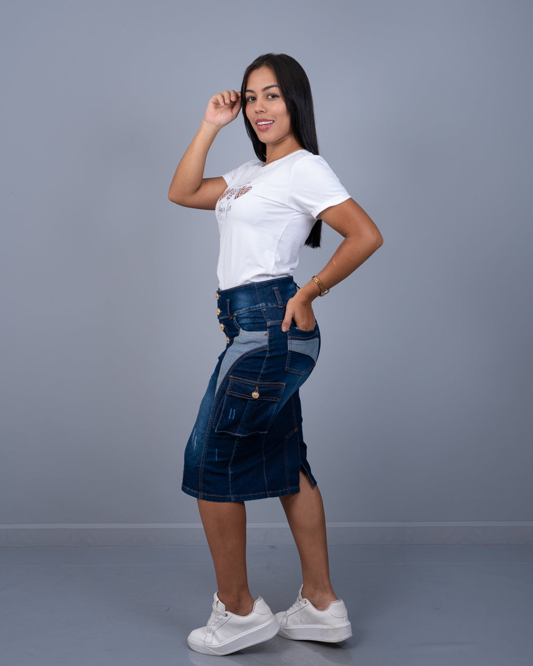 Falda Jean 3/4 Cargo Corte a los Lados ref. 3963 en oscuro, ropa cristiana femenina