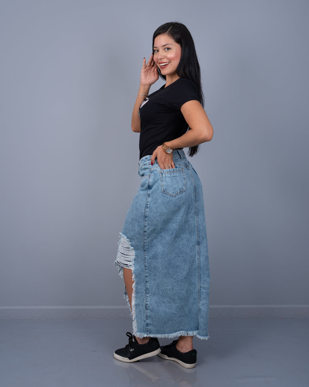 Falda Jean Larga Tela Rígida con Abertura Adelante ref. 7046 en claro craquelado, ropa cristiana femenina