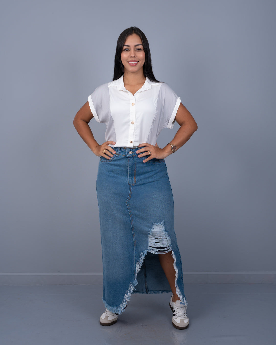 Falda Jean Larga Tela Rígida con Abertura Adelante ref. 7046 en medio, ropa cristiana femenina