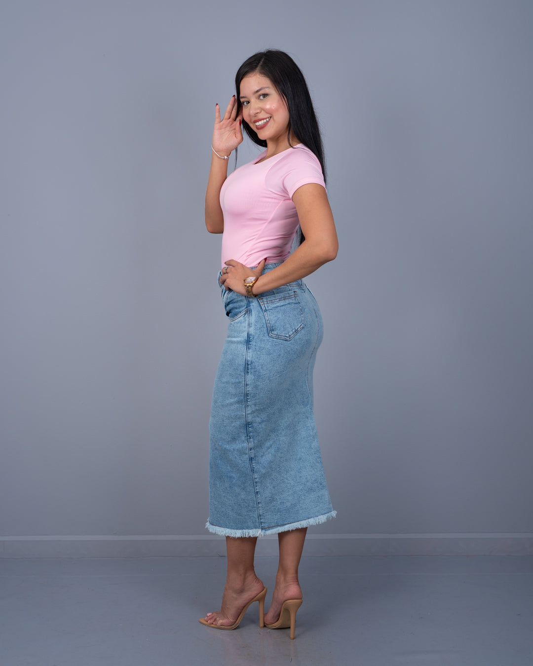 Falda Canillera Cruzada Botones a un Lado Semi Stretch ref. 8504 en claro, ropa cristiana femenina