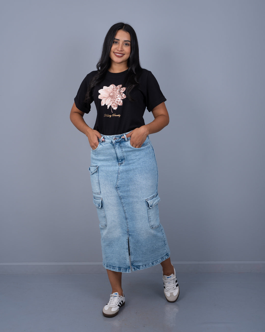 Falda Canillera Cargo Abertura Adelante ref. 8505 en claro craquelado, ropa cristiana femenina