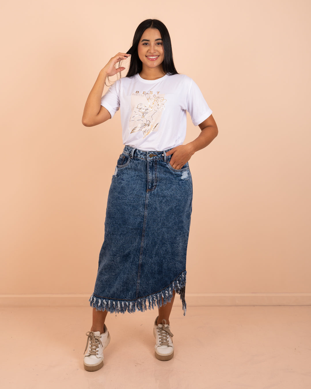 Falda larga rígida desmechada ref. 9647 en craquelado, ropa cristiana para damas