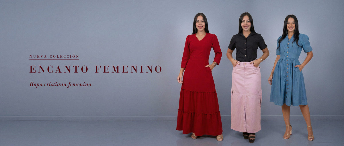 Nueva colección Encanto Femenino de Rose Belleza Femenina: vestido largo rojo, blusa negra con falda cargo rosada y vestido de chambray, ropa cristiana femenina
