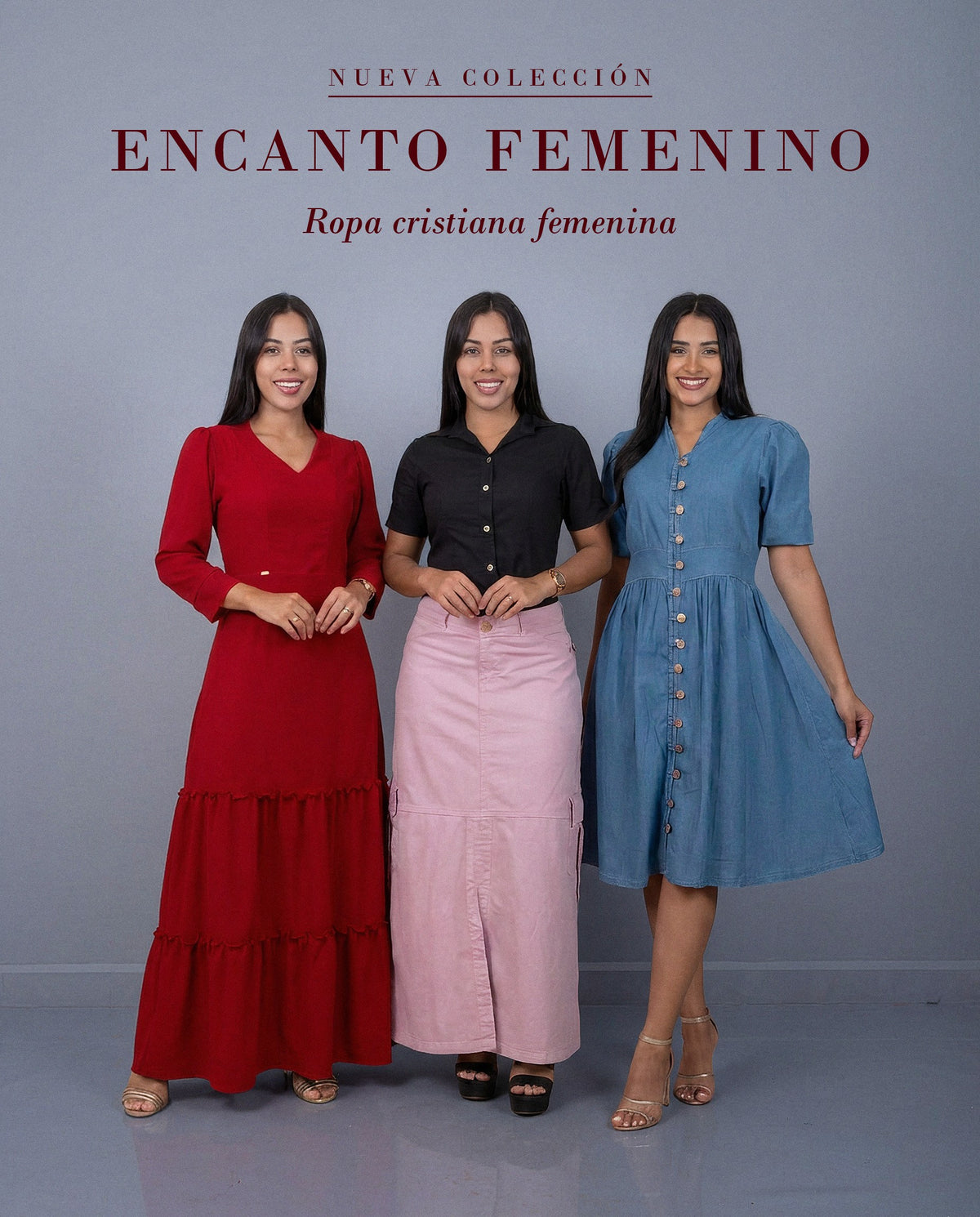 Nueva colección Encanto Femenino de Rose Belleza Femenina: vestido largo rojo, blusa negra con falda cargo rosada y vestido de chambray, ropa cristiana femenina
