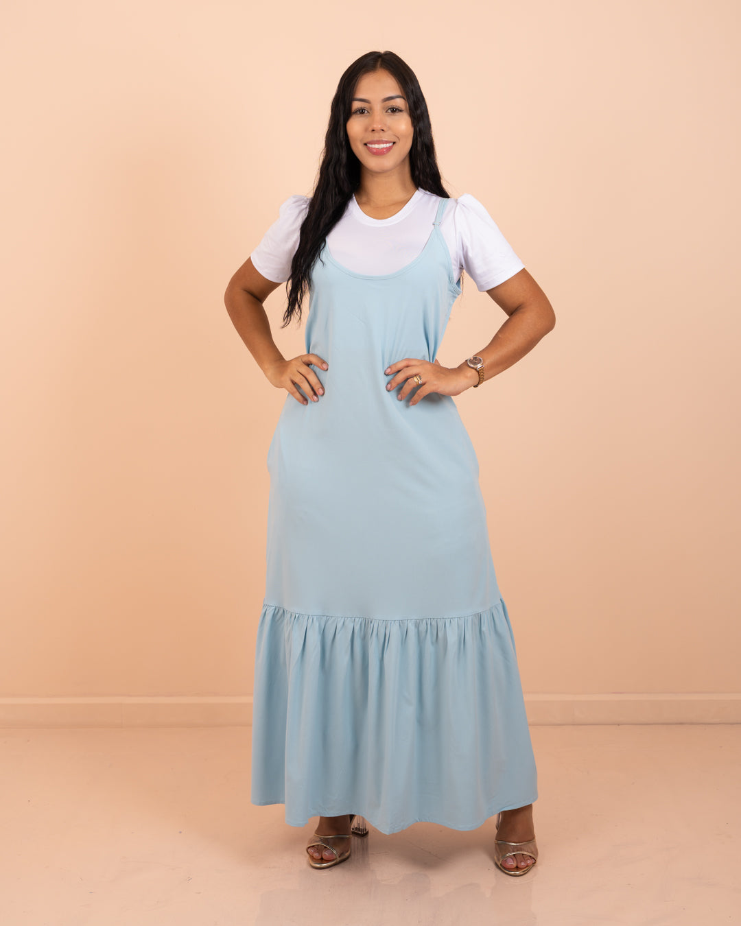 Vestido largo con blusa ref. 3909 en azul cielo, ropa cristiana para damas