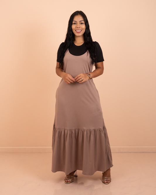 Vestido largo con blusa ref. 3909 en café, ropa cristiana femenina para la iglesia