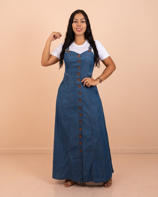 Vestido largo de chambray con tiras ref. 3914 en tono claro, ropa cristiana femenina