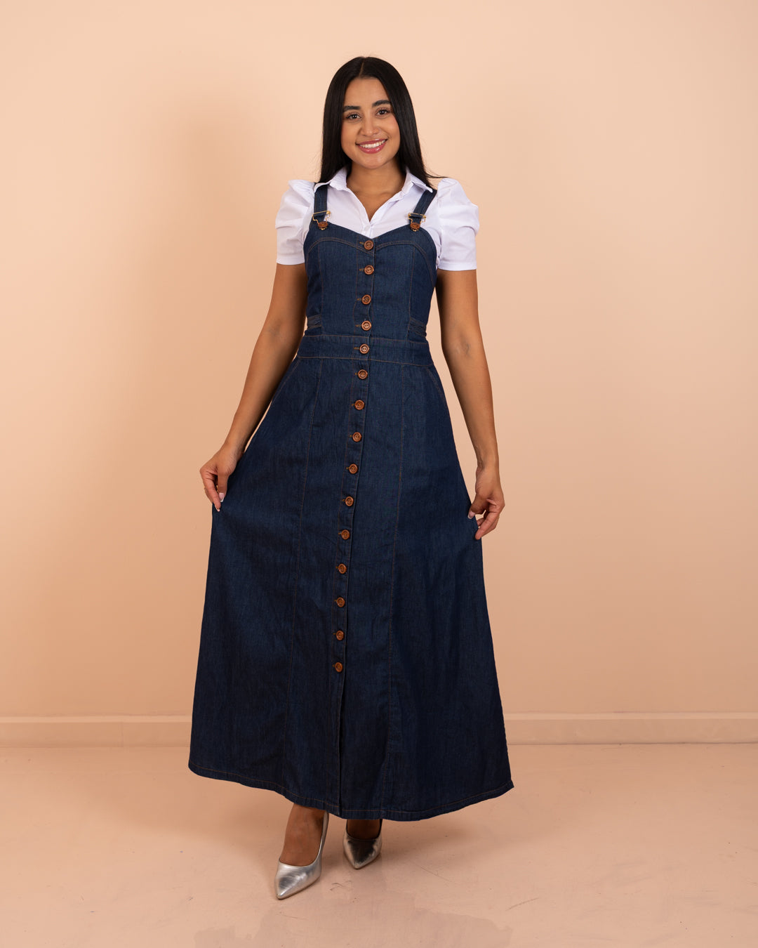 Vestido largo de chambray con tiras ref. 3914 en tono oscuro, moda cristiana para la iglesia