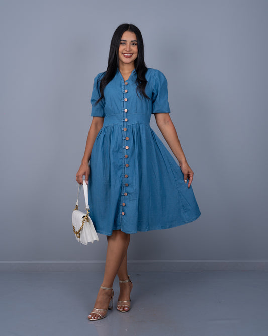 Vestido 3/4 con Botones Adelante Tela Chambray ref. 3926 en medio, ropa cristiana femenina