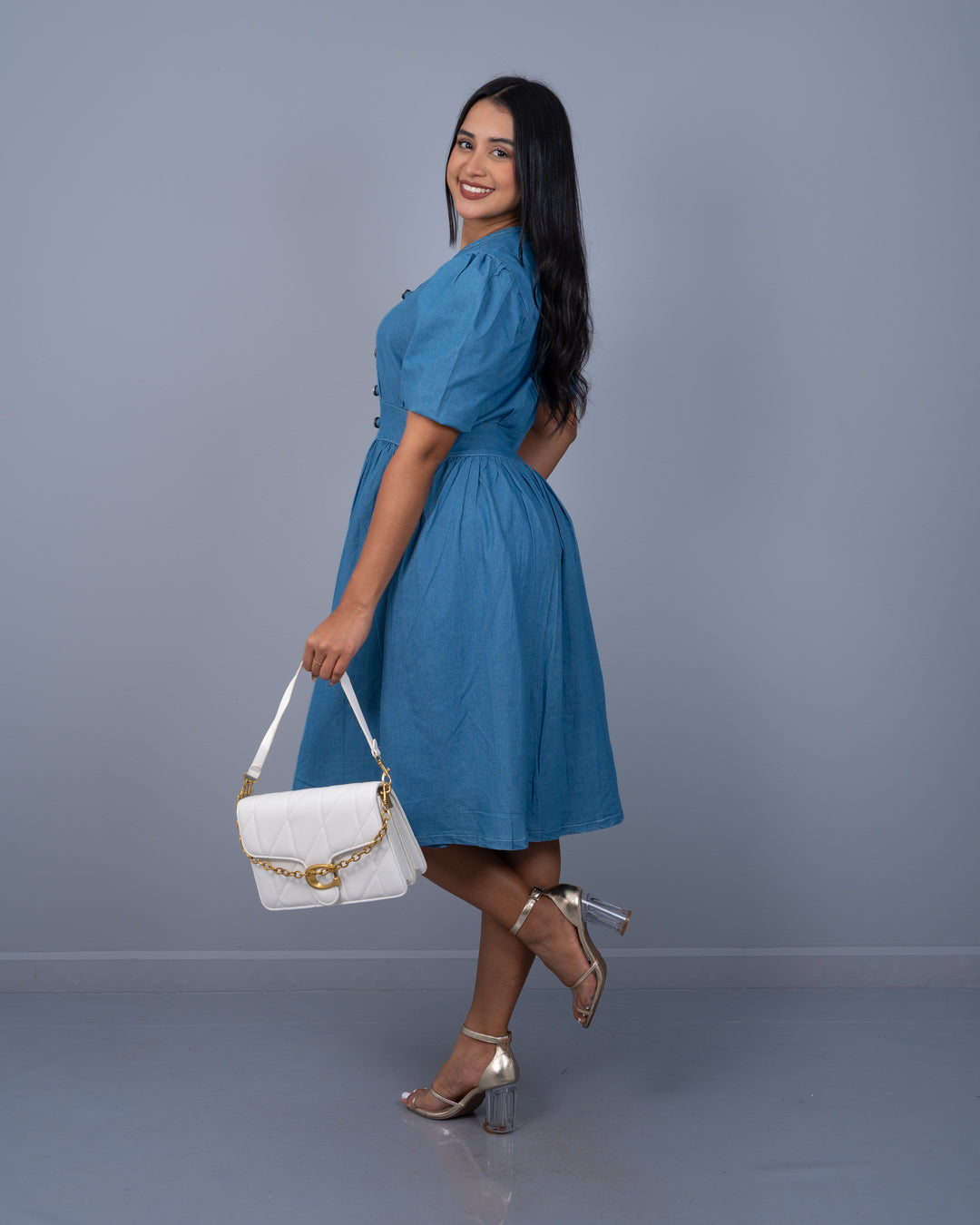 Vestido 3/4 con Botones Adelante Tela Chambray ref. 3926 en medio, ropa cristiana femenina