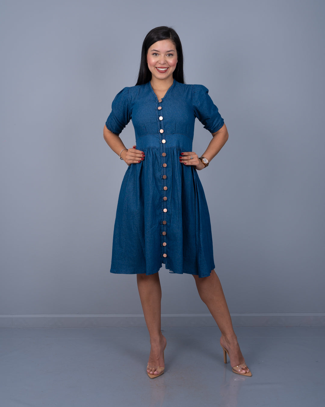 Vestido 3/4 con Botones Adelante Tela Chambray ref. 3926 en oscuro, ropa cristiana femenina