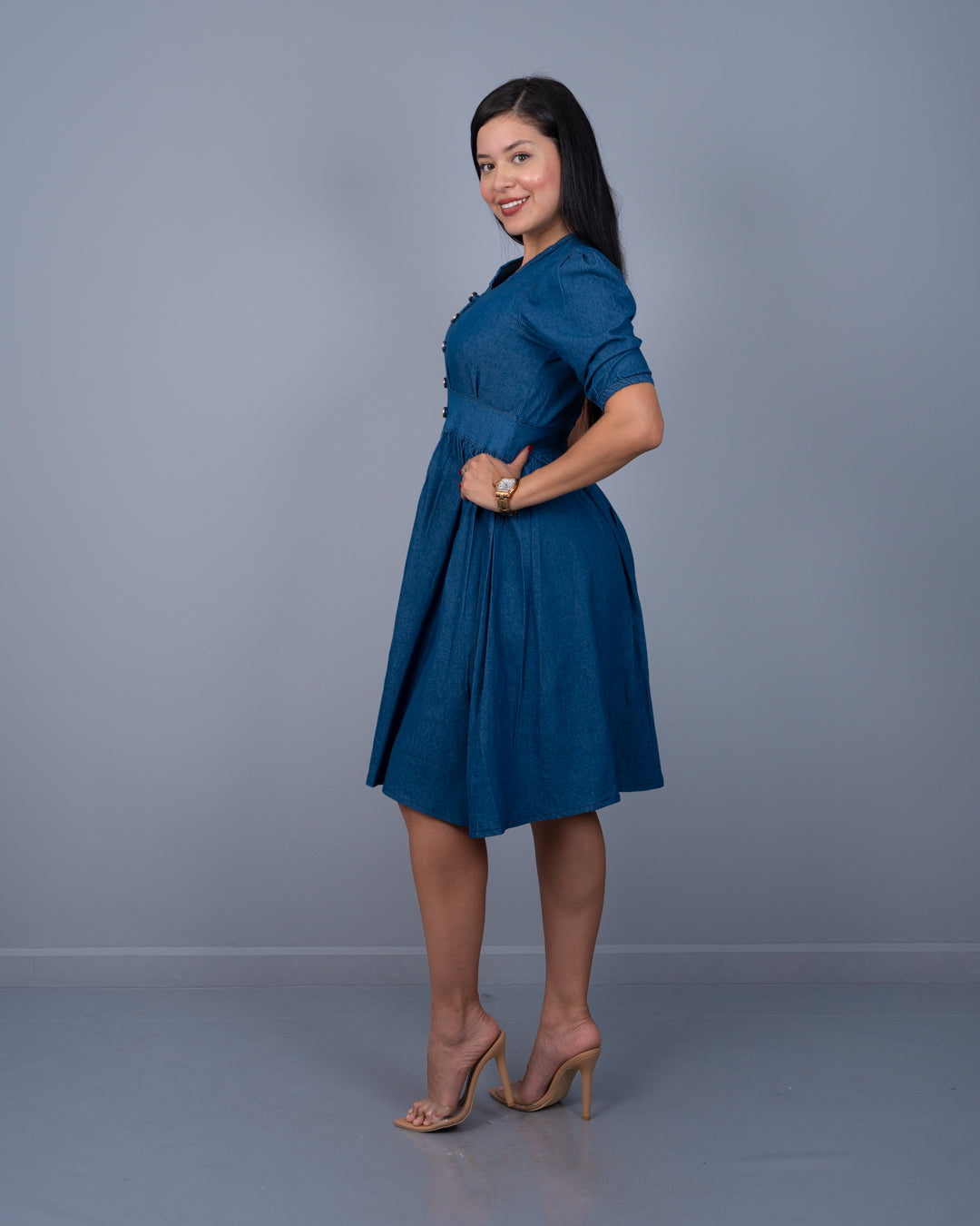 Vestido 3/4 con Botones Adelante Tela Chambray ref. 3926 en oscuro, ropa cristiana femenina