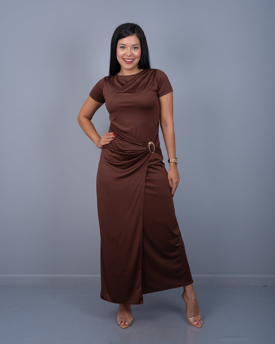 Vestido Largo con Hebilla a un Lado Tela Poly Lycra ref. 3945 en café, ropa cristiana femenina