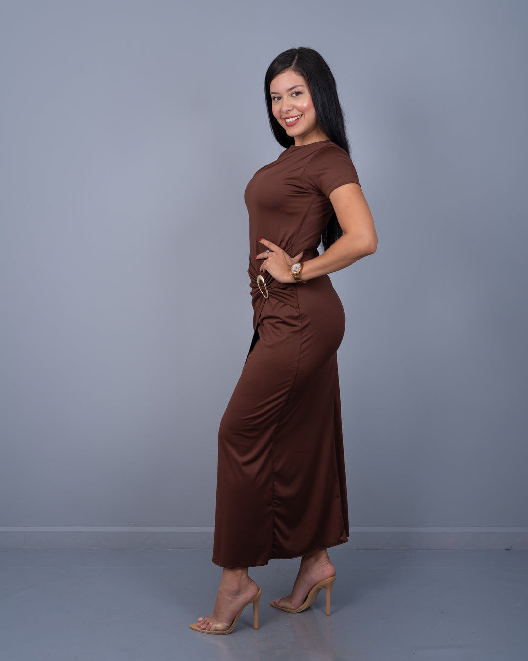 Vestido Largo con Hebilla a un Lado Tela Poly Lycra ref. 3945 en café, ropa cristiana femenina