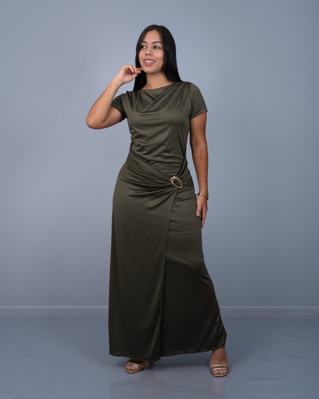 Vestido Largo con Hebilla a un Lado Tela Poly Lycra ref. 3945 en verde militar, ropa cristiana femenina