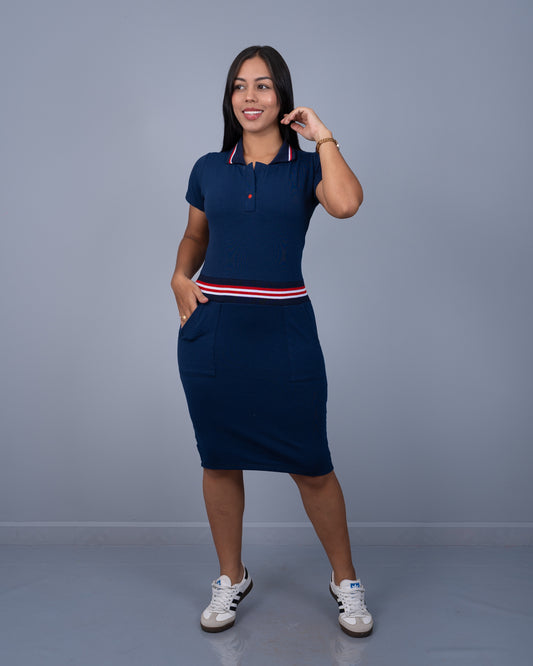 Vestido 3/4 con Cuello Deportivo Tela Burda ref. 3946 en azul turquí, ropa cristiana femenina