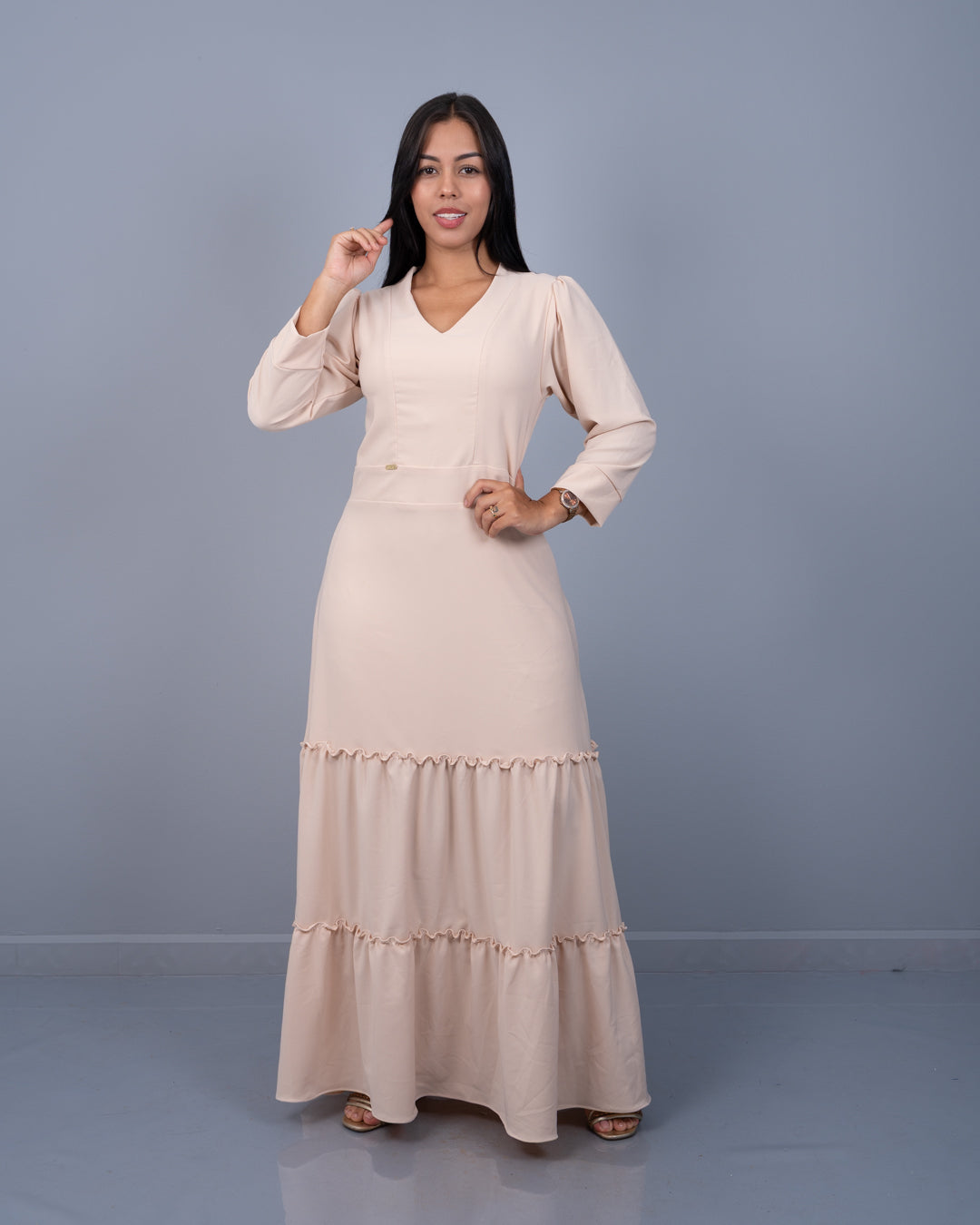 Vestido Largo Manga 3/4 Dos Tiempos Tela Popelina con Textura y Spandex ref. 3953 en beige, ropa cristiana femenina