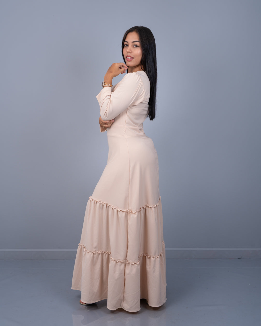 Vestido Largo Manga 3/4 Dos Tiempos Tela Popelina con Textura y Spandex ref. 3953 en beige, ropa cristiana femenina