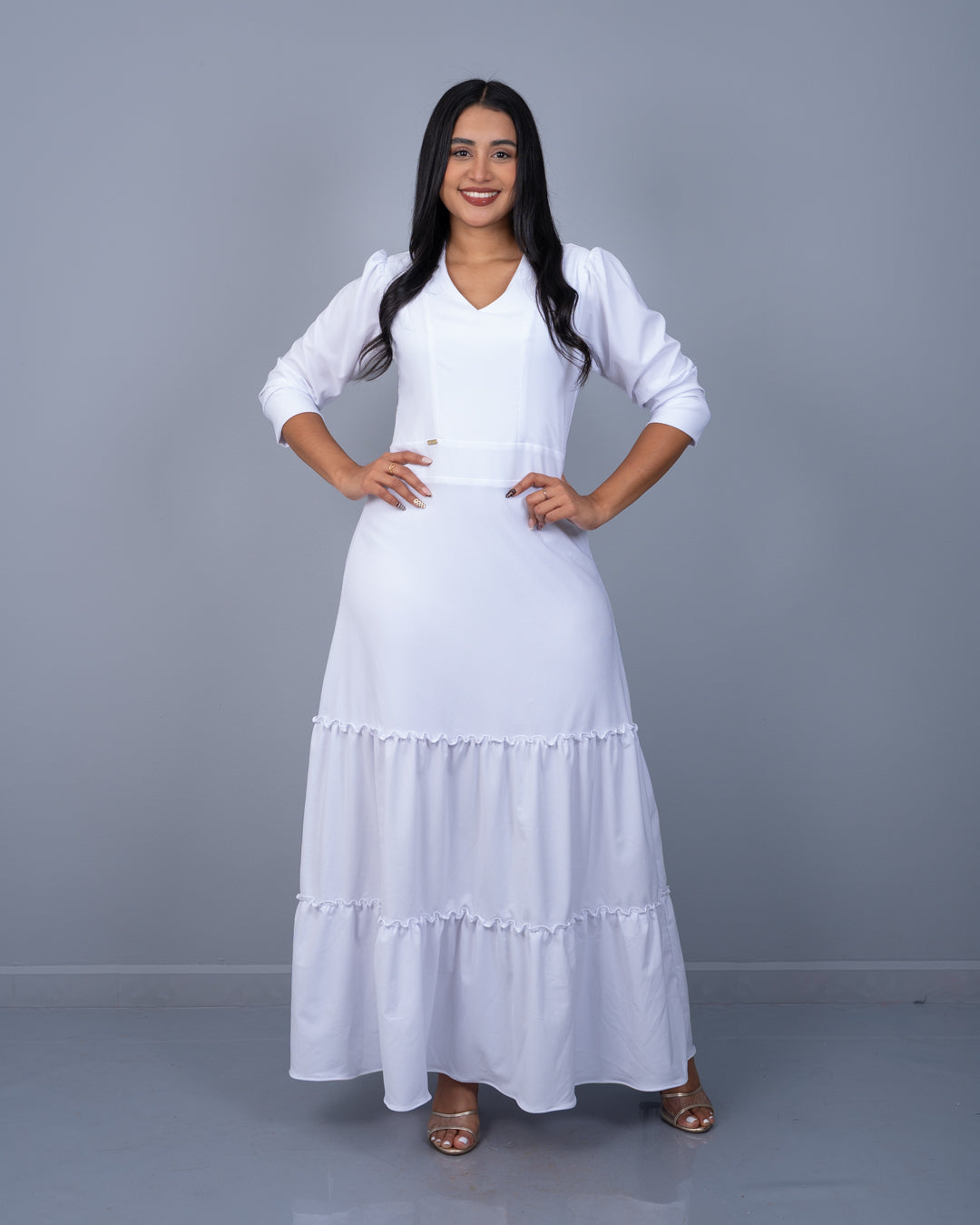 Vestido Largo Manga 3/4 Dos Tiempos Tela Popelina con Textura y Spandex ref. 3953 en blanco, ropa cristiana femenina