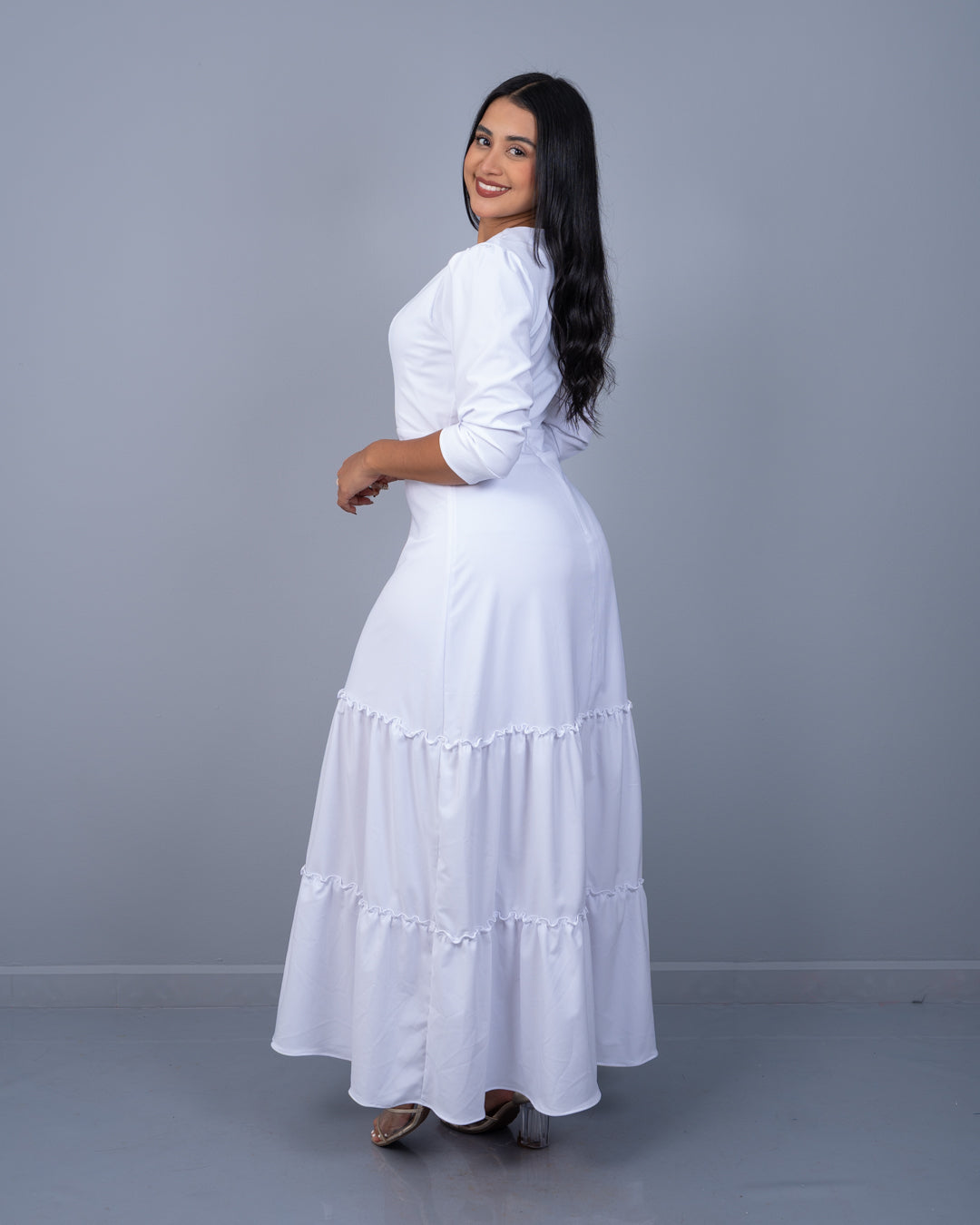 Vestido Largo Manga 3/4 Dos Tiempos Tela Popelina con Textura y Spandex ref. 3953 en blanco, ropa cristiana femenina