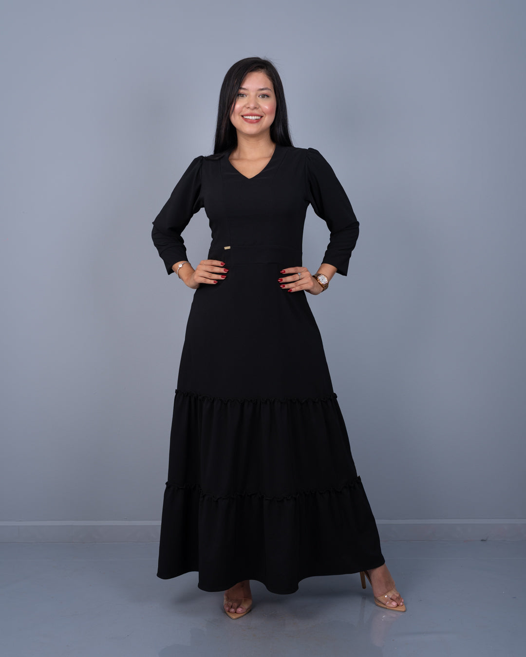 Vestido Largo Manga 3/4 Dos Tiempos Tela Popelina con Textura y Spandex ref. 3953 en negro, ropa cristiana femenina