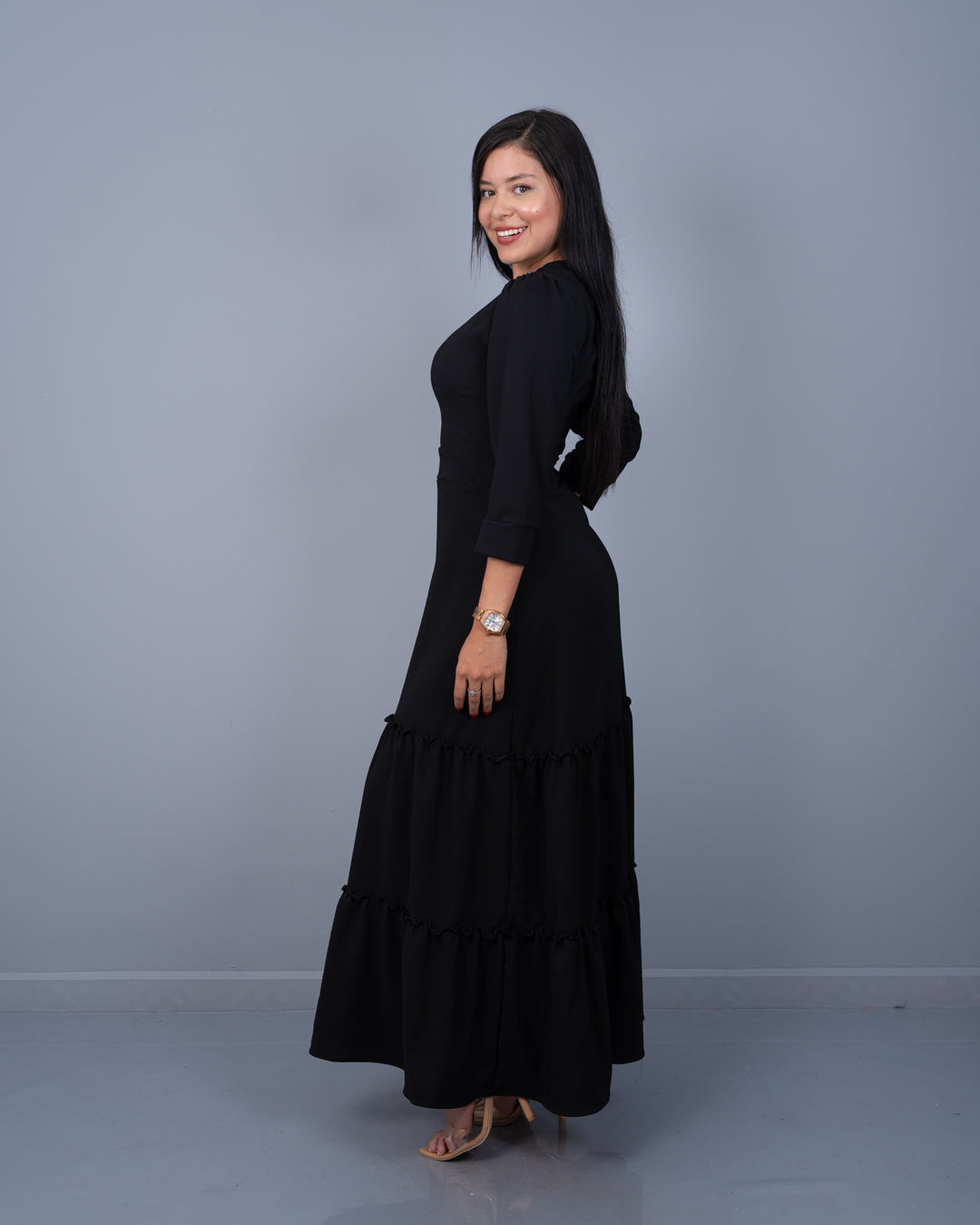 Vestido Largo Manga 3/4 Dos Tiempos Tela Popelina con Textura y Spandex ref. 3953 en negro, ropa cristiana femenina