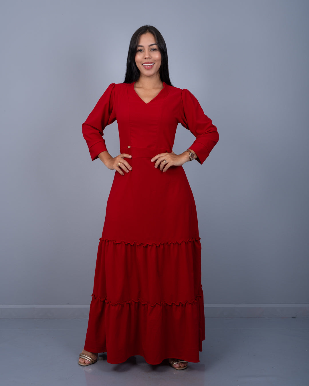 Vestido Largo Manga 3/4 Dos Tiempos Tela Popelina con Textura y Spandex ref. 3953 en rojo, ropa cristiana femenina