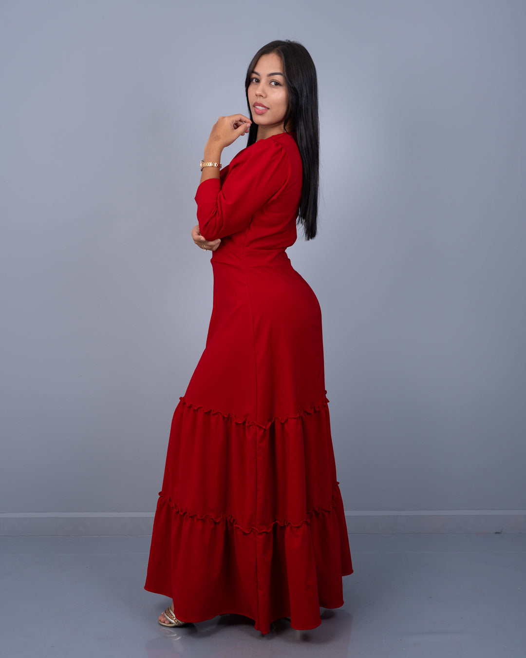Vestido Largo Manga 3/4 Dos Tiempos Tela Popelina con Textura y Spandex ref. 3953 en rojo, ropa cristiana femenina