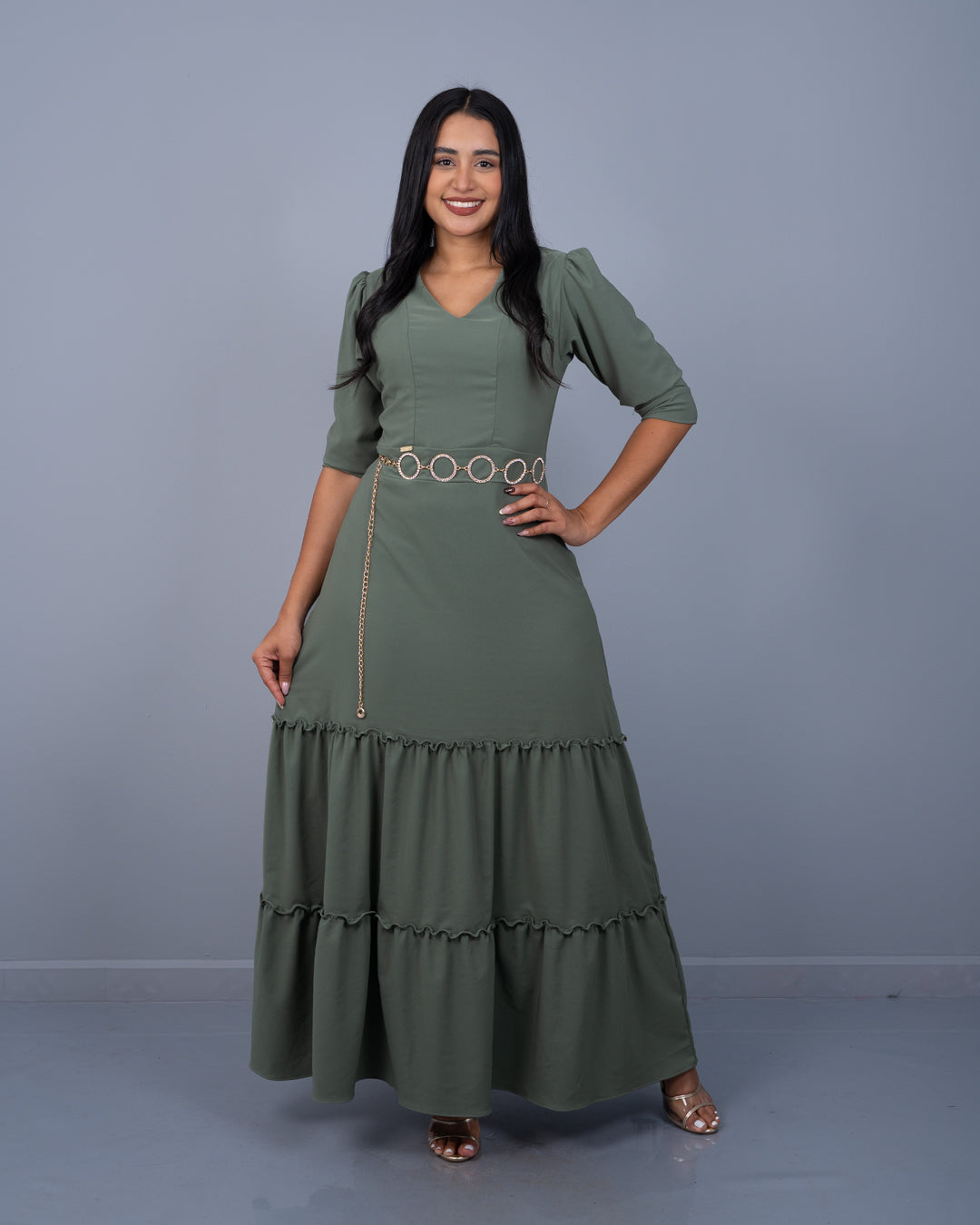 Vestido Largo Manga 3/4 Dos Tiempos Tela Popelina con Textura y Spandex ref. 3953 en verde militar, ropa cristiana femenina