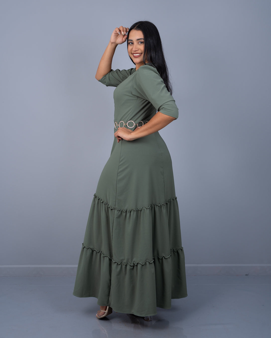 Vestido Largo Manga 3/4 Dos Tiempos Tela Popelina con Textura y Spandex ref. 3953 en verde militar, ropa cristiana femenina